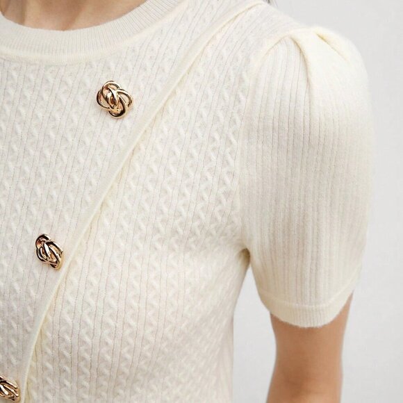 Apricot Casual Women's Stretchy Color Knitted Top With Flower Buckle - Picture 3 of 8